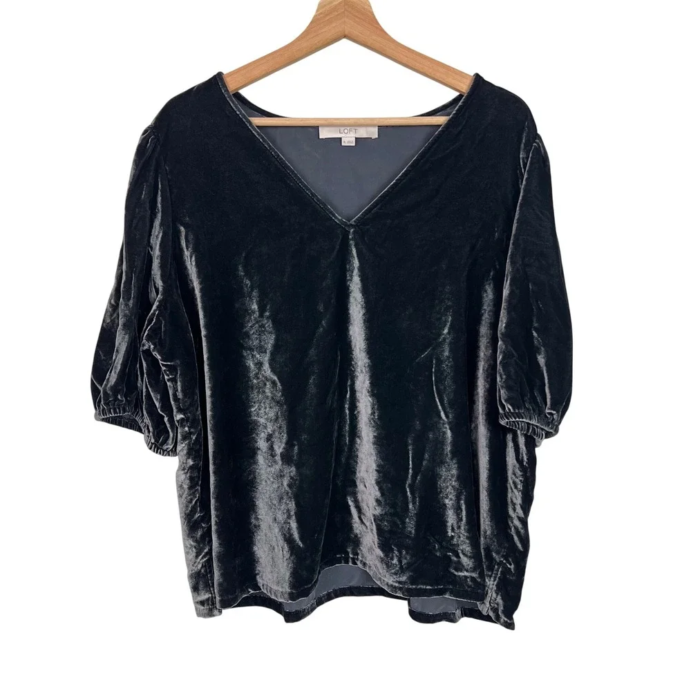 LOFT Womens XL Charcoal Grey Velvet V-Neck Puff Sleeve Blouse Top Holiday Luxe